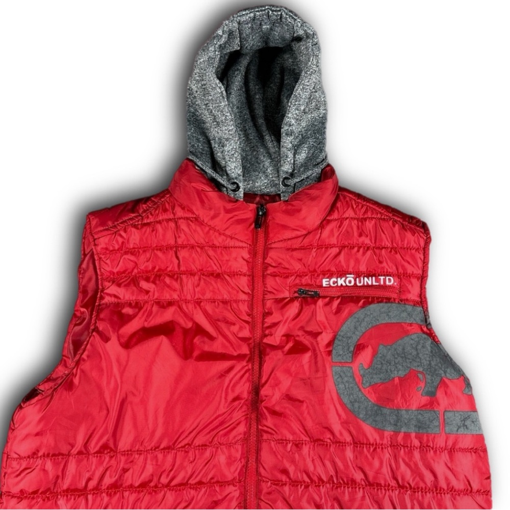 Ecko Unltd Puffer Vest Mens [ Small ] Red Hooded Full Zip Y2K Streetwear Hip Hop